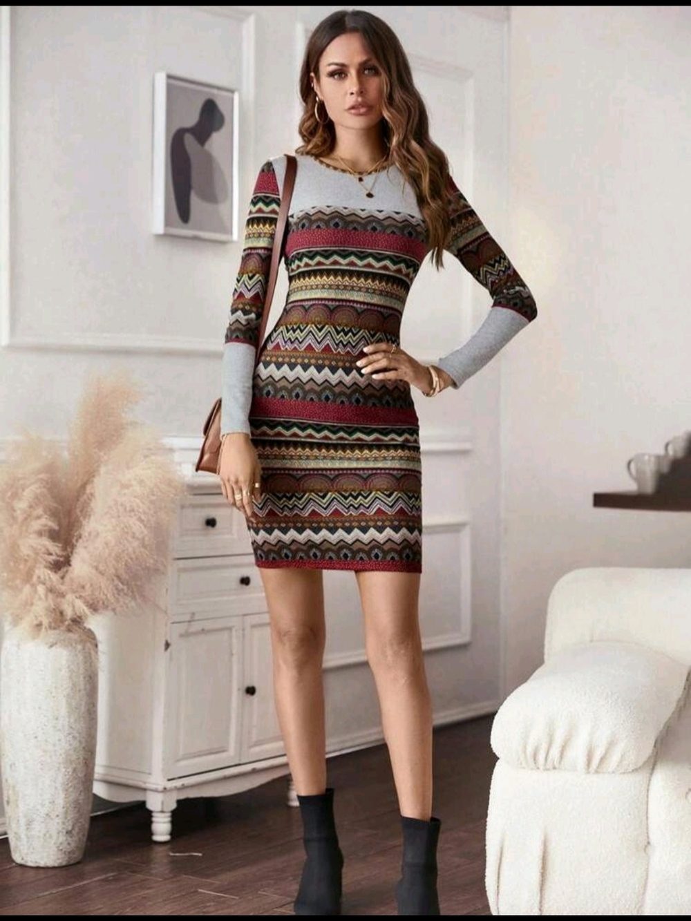 Boho Chevron Knit Bodycon Dress in Multicolor